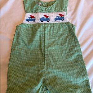 Green Gingham Romper with Watermelon Car Design
